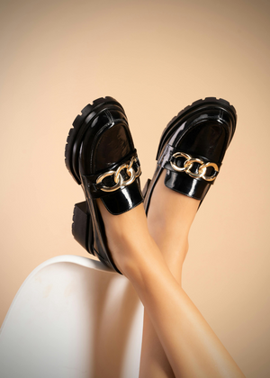 Black Patent Chunky Loafers with Gold Chain – Bold & Elegant